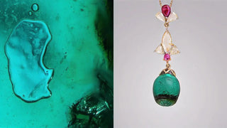 Close-up view of a gemstone under magnification on the left, revealing inclusions inside a green stone, alongside a pendant featuring a carved green emerald paired with pink and white accent stones on the right.