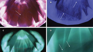 Microscopic views of a diamond under different lighting conditions showing internal features and growth patterns, with arrows pointing to inclusions and irregularities used for gemological analysis.