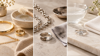 Three panel jewellery care image showing gold cleaned gently with soap and a soft brush, tarnished silver polished with a cloth, and a platinum diamond ring beside warm soapy water and a soft towel.