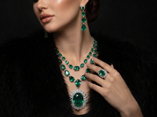 Elegant emerald and diamond necklace with matching drop earrings and statement ring styled on model in black fur backdrop
