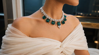 Emerald and diamond statement necklace on an off-shoulder white gown, inspired by red carpet glamour.