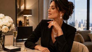 Elegant woman wearing diamond earrings, necklace and ring while celebrating a new chapter with champagne and luxury jewellery.