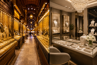 Luxury split-view comparison of Dubai Gold Souk and a modern boutique jewelry store featuring gold displays, elegant interiors, chandeliers, and high-end jewelry showcases in Dubai.