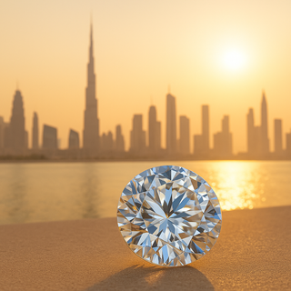 Diamond displayed against the Dubai skyline at sunset. The warm golden light reflects off the diamond, capturing the essence of Dubai’s summer heat and effortless luxury