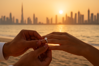 A romantic beach proposal at sunset with the Dubai skyline in the background, showing a man gently placing a diamond ring on a woman’s finger as the sunlight reflects off the water.