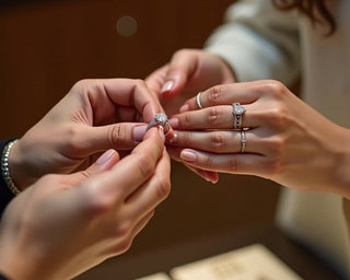 Close-up of a diamond engagement ring being placed on a woman’s finger during a jewelry consultation, featuring elegant solitaire rings and soft luxury lighting.