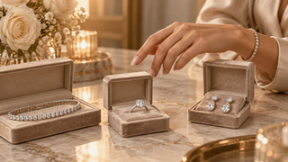 Luxury jewellery selection featuring a diamond tennis bracelet, solitaire ring and drop earrings displayed in velvet boxes as a woman considers which piece to choose.