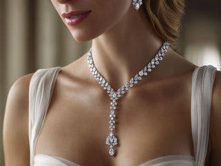 Model wearing a diamond Y necklace with pear-shaped drop in a white bridal dress, soft natural lighting.