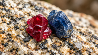 Rough red ruby and blue sapphire crystals resting naturally on a textured mineral rock surface.