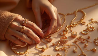 Hands sorting and examining old gold jewelry including rings necklaces and bracelets on a soft neutral surface