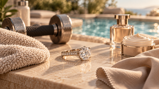 Diamond solitaire ring placed beside gym weights, hand cream and perfume, representing everyday habits that can gradually damage fine jewellery.