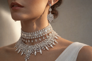 Close-up of a woman wearing an ornate diamond choker and matching dangle earrings against a neutral background, exuding elegance and luxury.