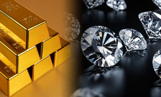 Stacked gold bars placed beside loose round-cut diamonds on a dark background, symbolizing wealth and luxury in Dubai.