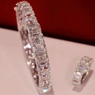 Classic Emerald Cut Tennis Bracelet - 925 Sterling Silver with 18K White Gold Plating, Lab-Created Emerald-Cut Sapphires