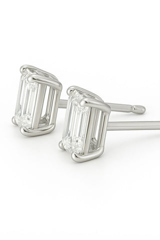 Lab grown emerald cut diamond stud earrings in 18K gold featuring 1–5 carat EF color, VVS clarity lab-grown diamonds.