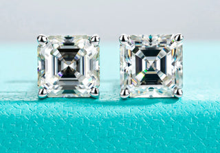 Midnight Sparkle Studs silver earrings for women featuring Asscher cut moissanite set in 925 sterling silver with 10K gold accents.