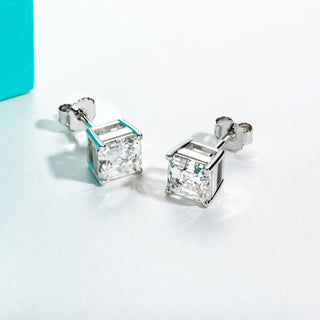 Midnight Sparkle Studs silver earrings for women featuring Asscher cut moissanite set in 925 sterling silver with 10K gold accents.