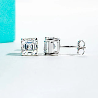 Midnight Sparkle Studs silver earrings for women featuring Asscher cut moissanite set in 925 sterling silver with 10K gold accents.