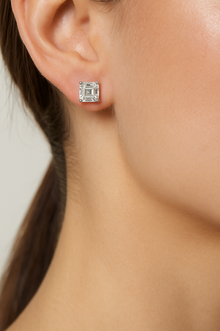 Midnight Sparkle Studs silver earrings for women featuring Asscher cut moissanite set in 925 sterling silver with 10K gold accents.