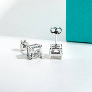 Midnight Sparkle Studs silver earrings for women featuring Asscher cut moissanite set in 925 sterling silver with 10K gold accents.