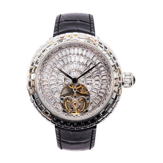 Rosaline women’s quartz watch featuring stainless steel case, sapphire crystal dial, and purple leather strap.