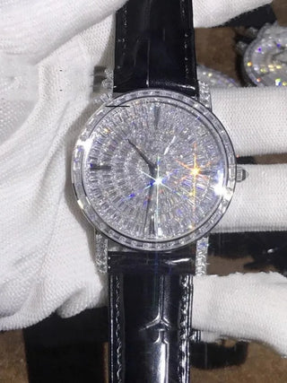 The Meridian Diamond Watch featuring a red 32 mm dial, silver case, and sapphire crystal window.