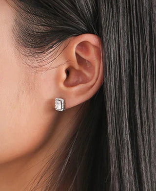 Twilight Crest Studs in sterling silver with VVS moissanite stones, finished with white gold plating for a refined, radiant glow.