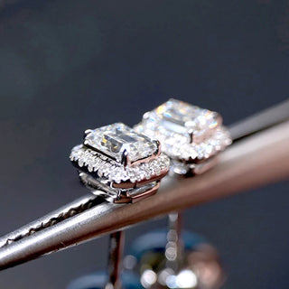 Twilight Crest Studs in sterling silver with VVS moissanite stones, finished with white gold plating for a refined, radiant glow.