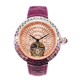 Rosaline women’s quartz watch featuring stainless steel case, sapphire crystal dial, and purple leather strap.